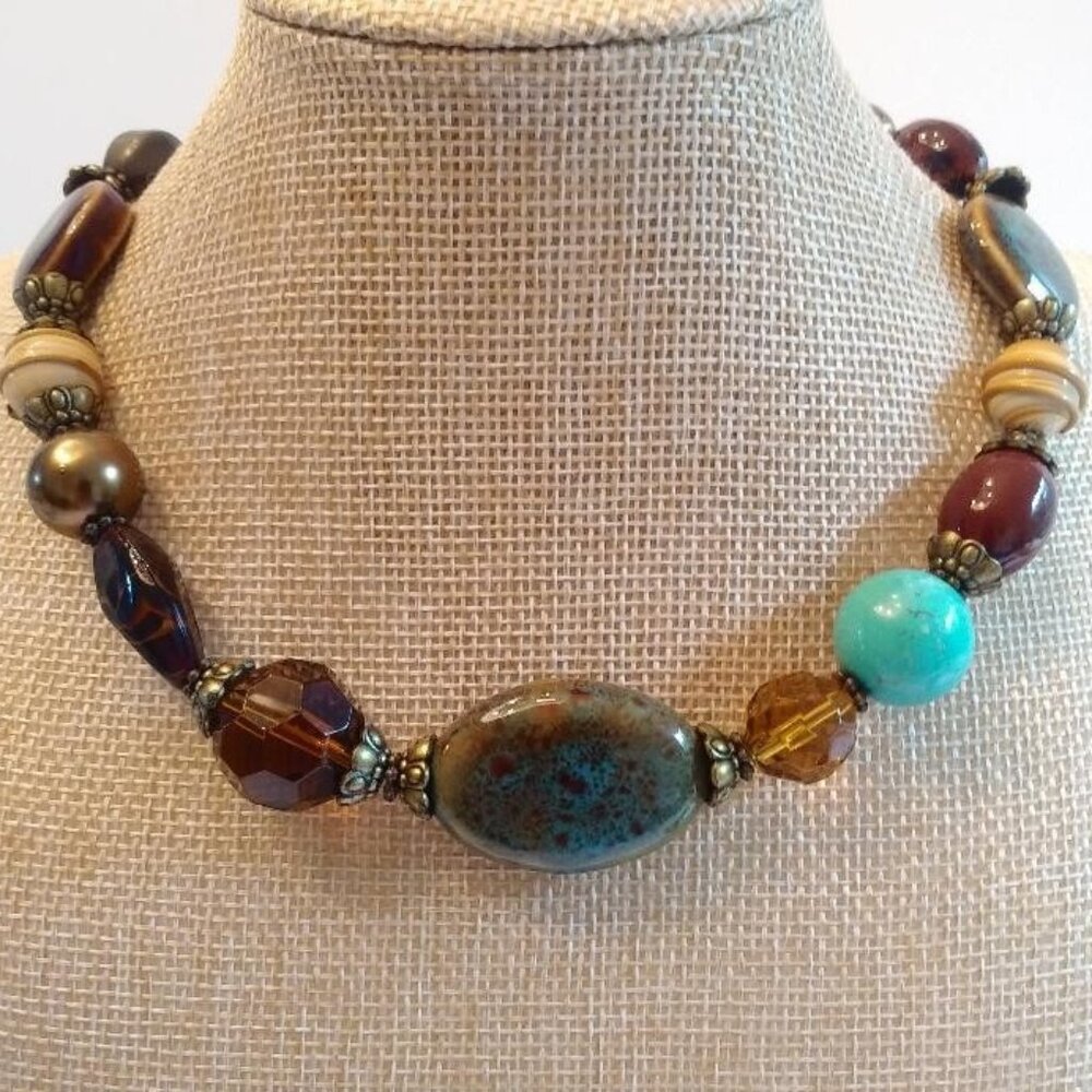 Premier Designs Brass Tone Necklace w/Glass, Ceramic & Semi Precious Stones